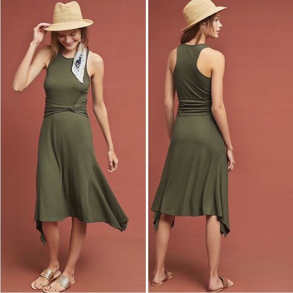 Anthropologie Olive Green Ribbed Knit Midi Dress Sz S Asym Hem Boho Chic - Picture 1 of 5